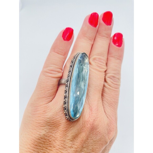 Beautiful Unique Artisan Made Antique Aqua Glass Sterling Silver Ring, Size 6.75 - Picture 2 of 11